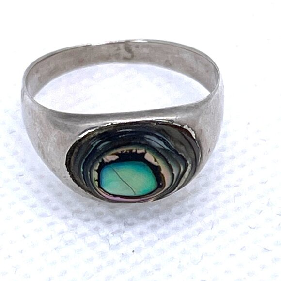Mexico Silver Abalone Shell Green Iridescent Inlay Ring Signed Size 6.75 Vintage - Picture 1 of 15